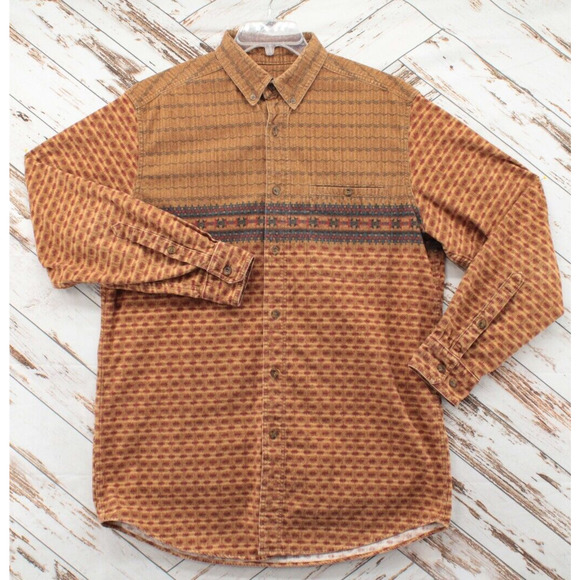 VINTAGE Woolrich Shirt Mens Large Camel Engineered Stripe Aztec Button Down - Picture 1 of 11